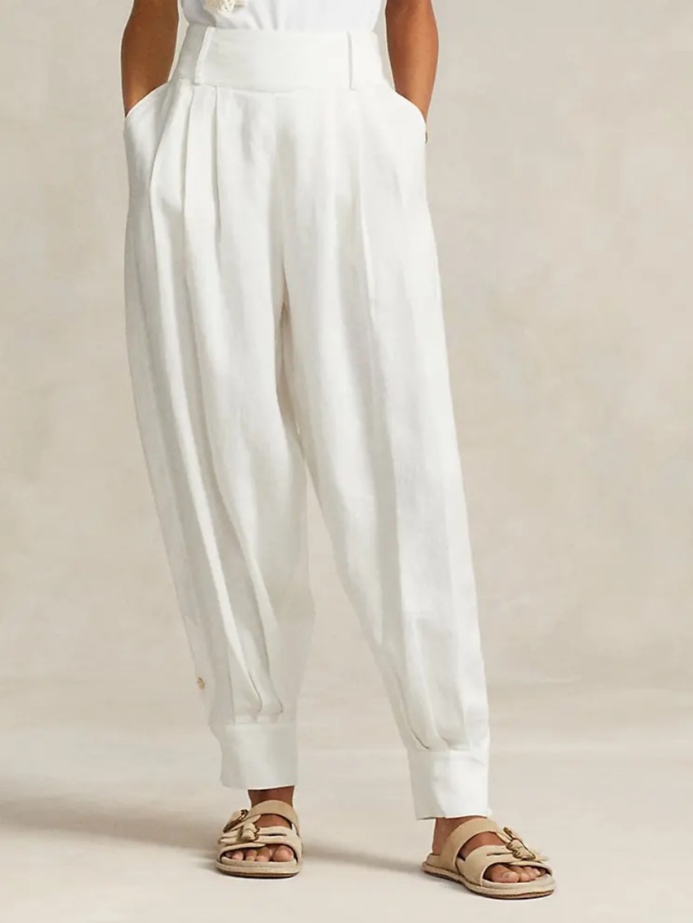 Ralph Lauren White High-Waist Pleated Track Pants